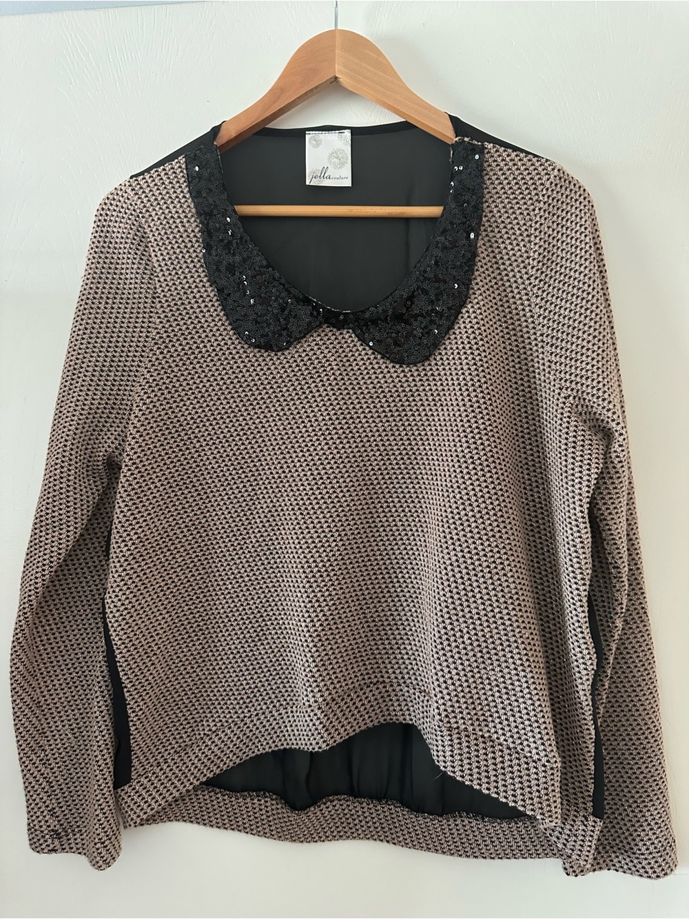 Jella Couture Taupe Blush Knit Top with Black Sequin Peter Pan Collar